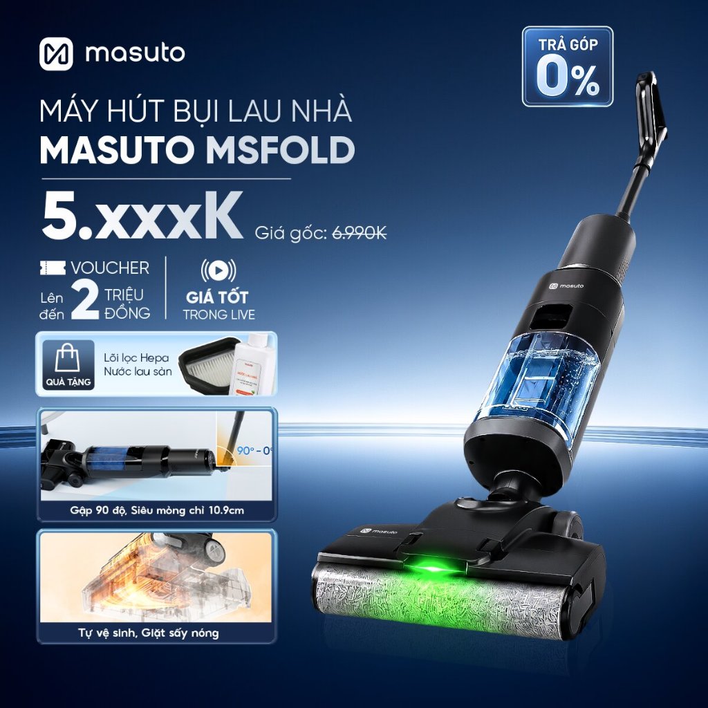 [Tặng Nước Lau Sàn] Máy Hút Bụi Lau Nhà Khô Ướt Gập 90° độ Masuto FlexiFold Không Dây - 15.000Pa, Tự Vệ Sinh Sấy Khô