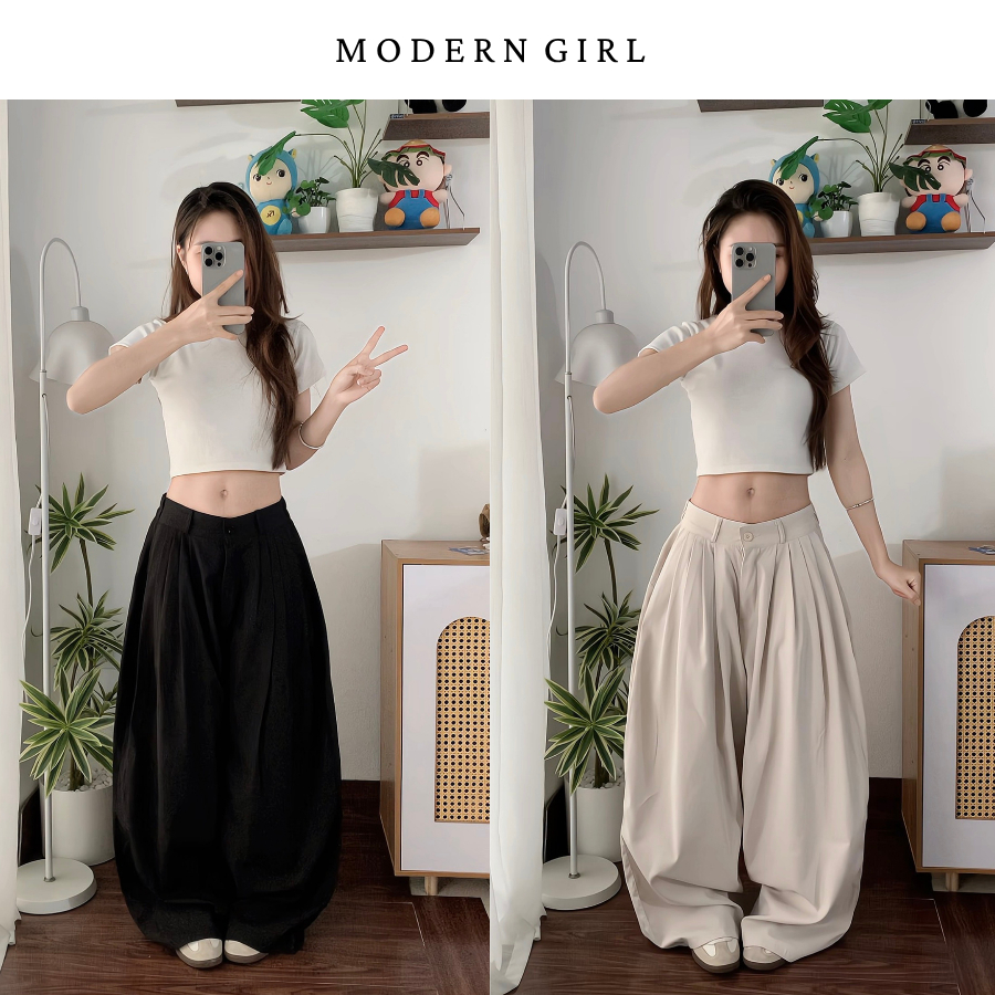 Quần Kaki Xếp Ly, Quần Kaki Ver 3 Hack Eo Chất Kaki Ống Rộng, Quần Ống Cong 2 Màu Đen Kem Modern Girls