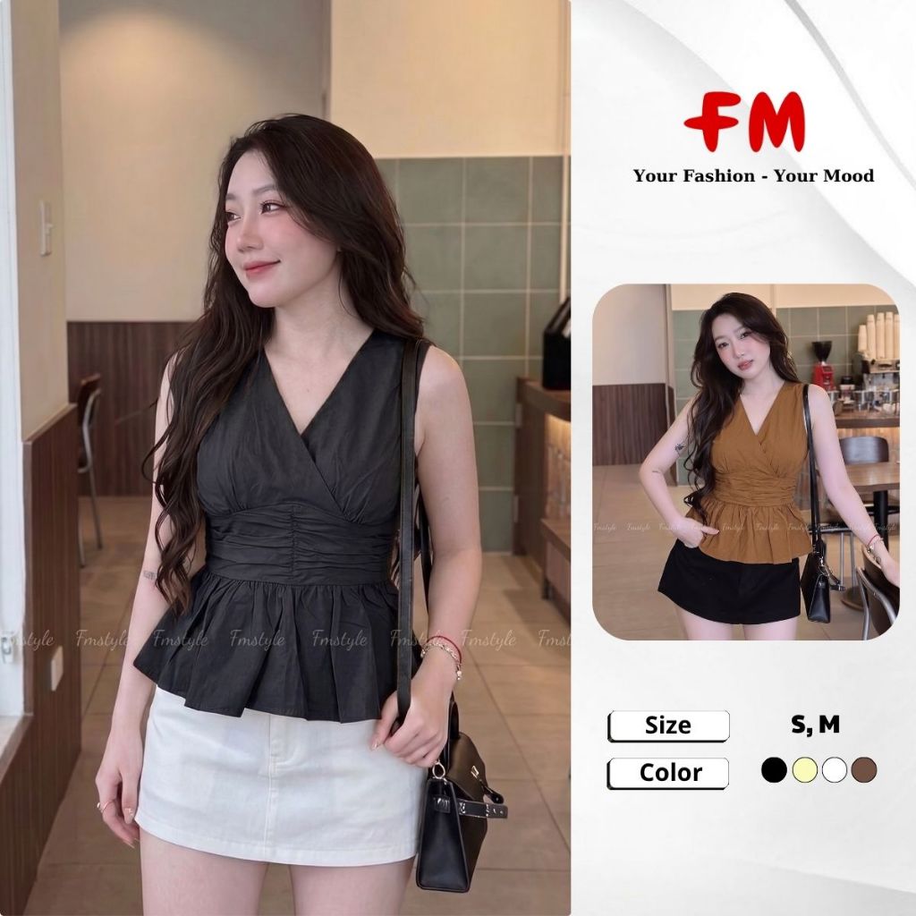 Áo Kiểu Nữ Tay Ngắn FMSTYLE Cổ V Nhún Eo Peplum Thanh Lịch Dễ Phối Đồ 26060375