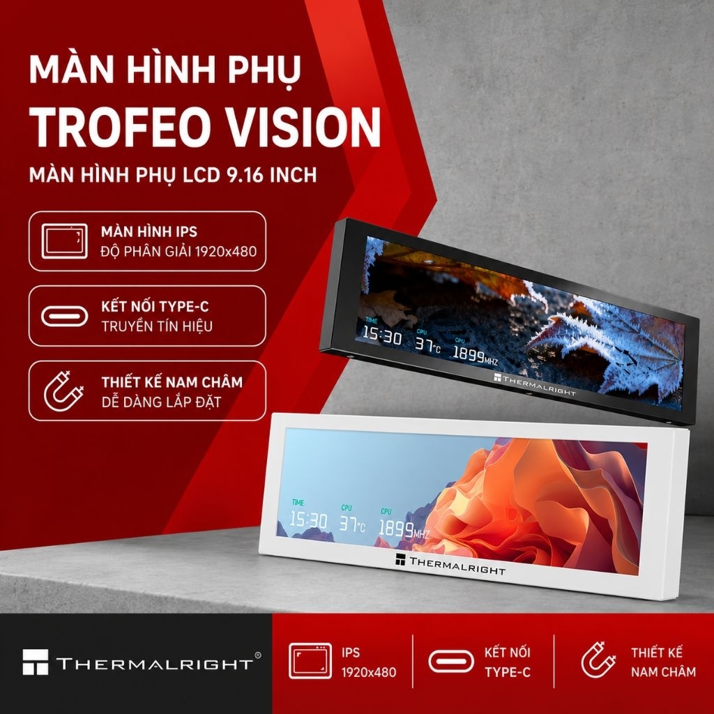Màn Hình Phụ Thermalright Trofeo Vision 9.16inch IPS 1920x480, Hiển Thị Video, Thông Số PC, Thiết Kế Hít Nam Châm