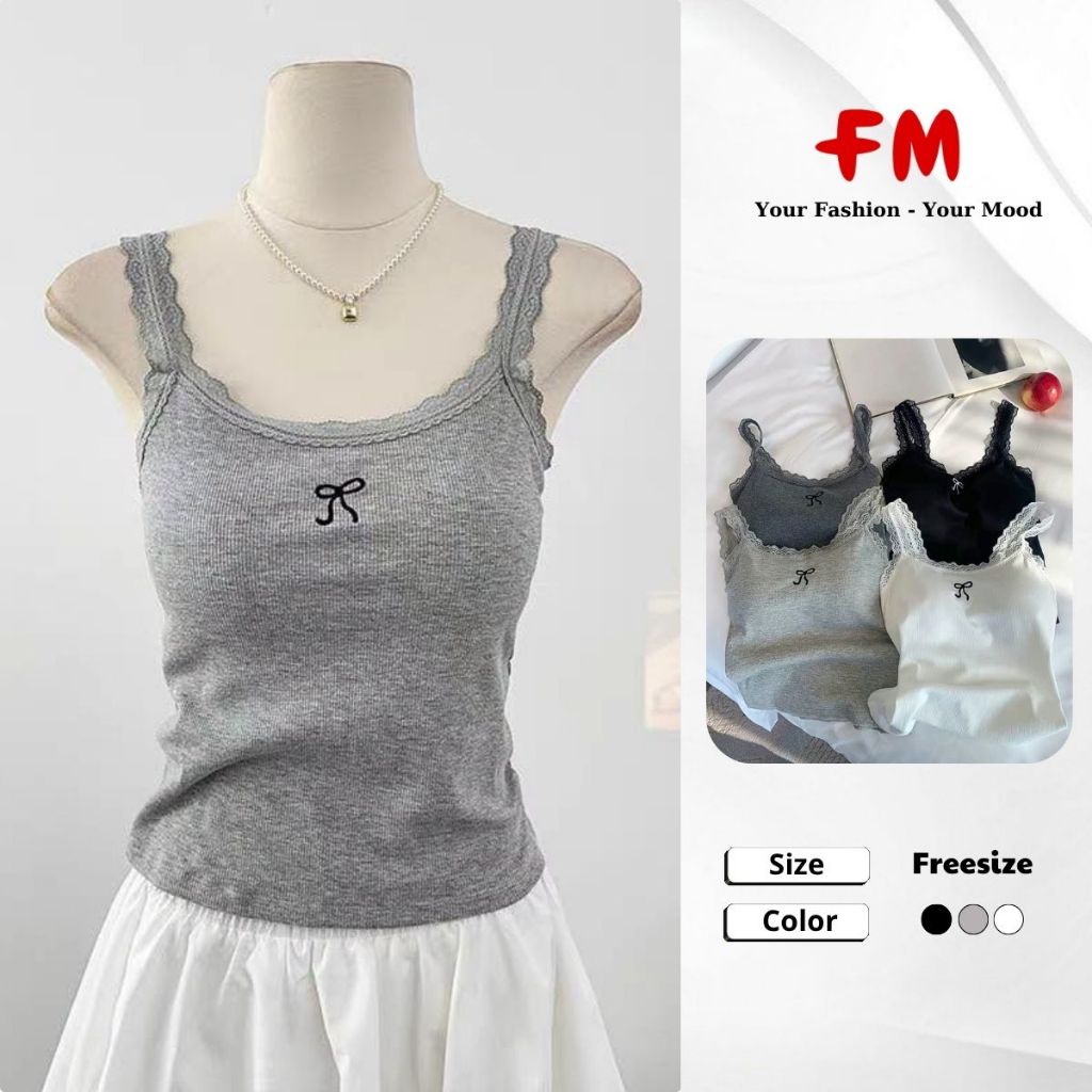 Áo Thun 2 Dây Slimfit Nữ FMSTYLE Gân Co Giãn Viền Ren Đính Nơ Có Mút Ngực Ôm Dáng 26070276
