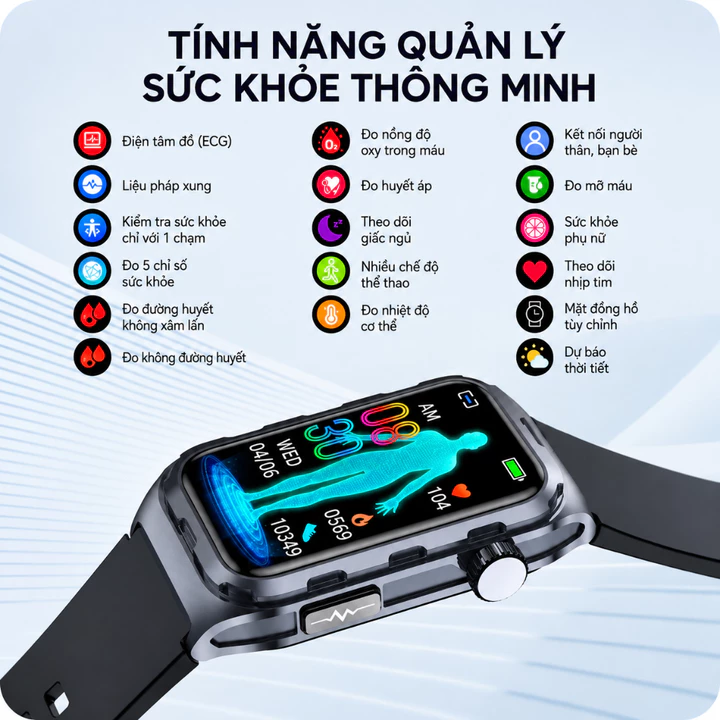 Đồng Hồ Thông Minh IP68 Theo Dõi Sức Khoẻ 24/7 – Đo Nhịp Tim, Huyết Áp, Oxy Máu – Gọi/Thông Báo – Pin Tới 30 Ngày – 7