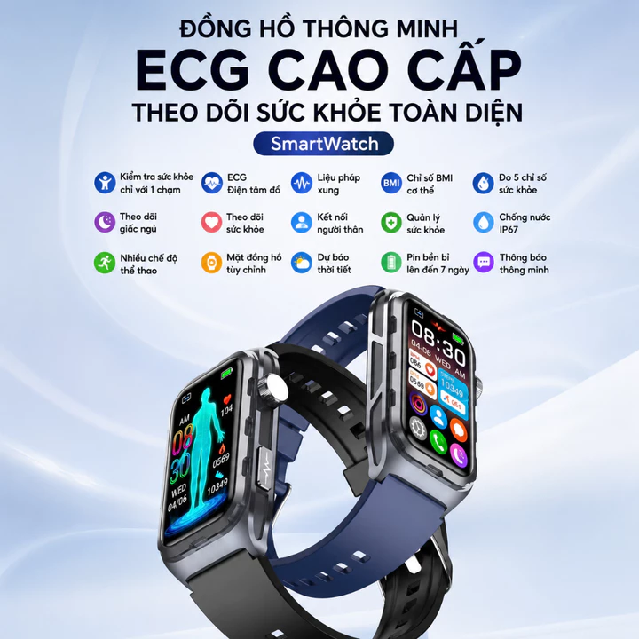 Đồng Hồ Thông Minh IP68 Theo Dõi Sức Khoẻ 24/7 – Đo Nhịp Tim, Huyết Áp, Oxy Máu – Gọi/Thông Báo – Pin Tới 30 Ngày – 6