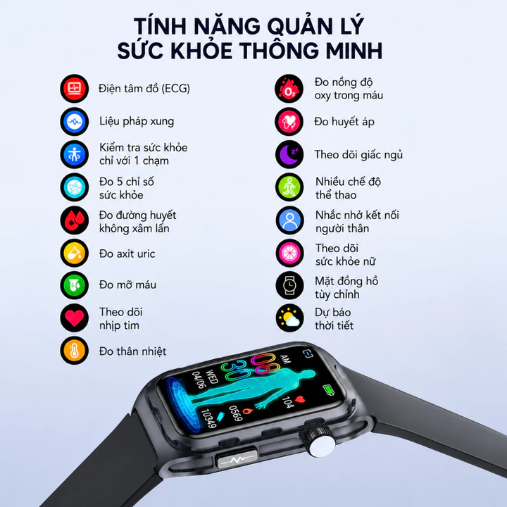 Đồng Hồ Thông Minh IP68 Theo Dõi Sức Khoẻ 24/7 – Đo Nhịp Tim, Huyết Áp, Oxy Máu – Gọi/Thông Báo – Pin Tới 30 Ngày – 2