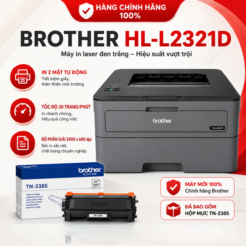 Máy In Brother HL-L2321D Máy In Laser Trắng Đen A4 In 2 Mặt Bảo Hành 24 Tháng