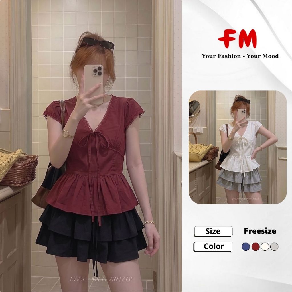 Áo Kiểu Nữ FMSTYLE Tay Ngắn Cổ Tim Viền Ren Thắt Nơ Eo Xòe Thanh Lịch 26070608