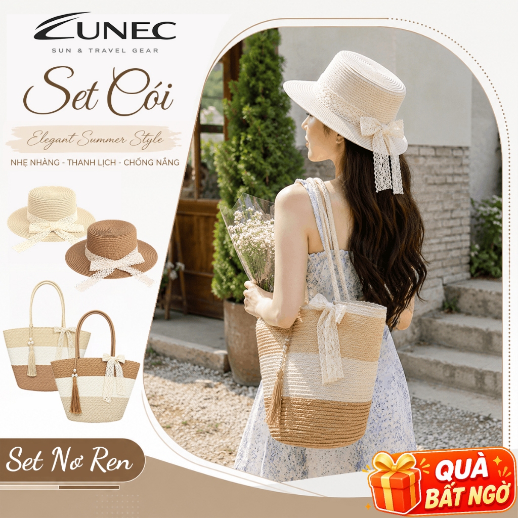 Set Túi Mũ Cói Đi Biển Cao Cấp Thanh Lịch Vibe Âu Set Nón Cói Vành Rộng Thẳng Form Đẹp Túi Dây Kéo