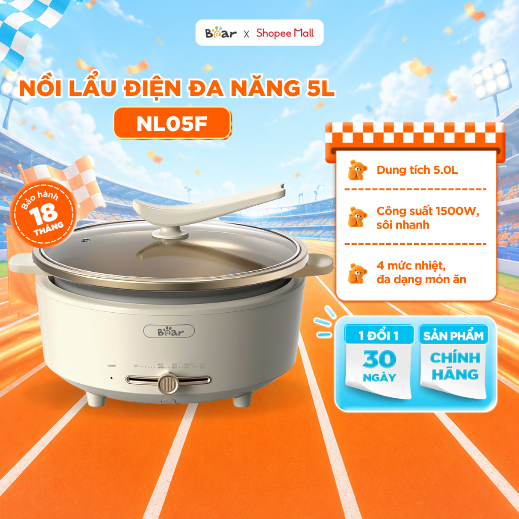 Nồi Lẩu Điện Đa Năng BEAR 5L 1500W Đế Tách Rời Chống Dính, Sôi Nhanh SB-NL05F