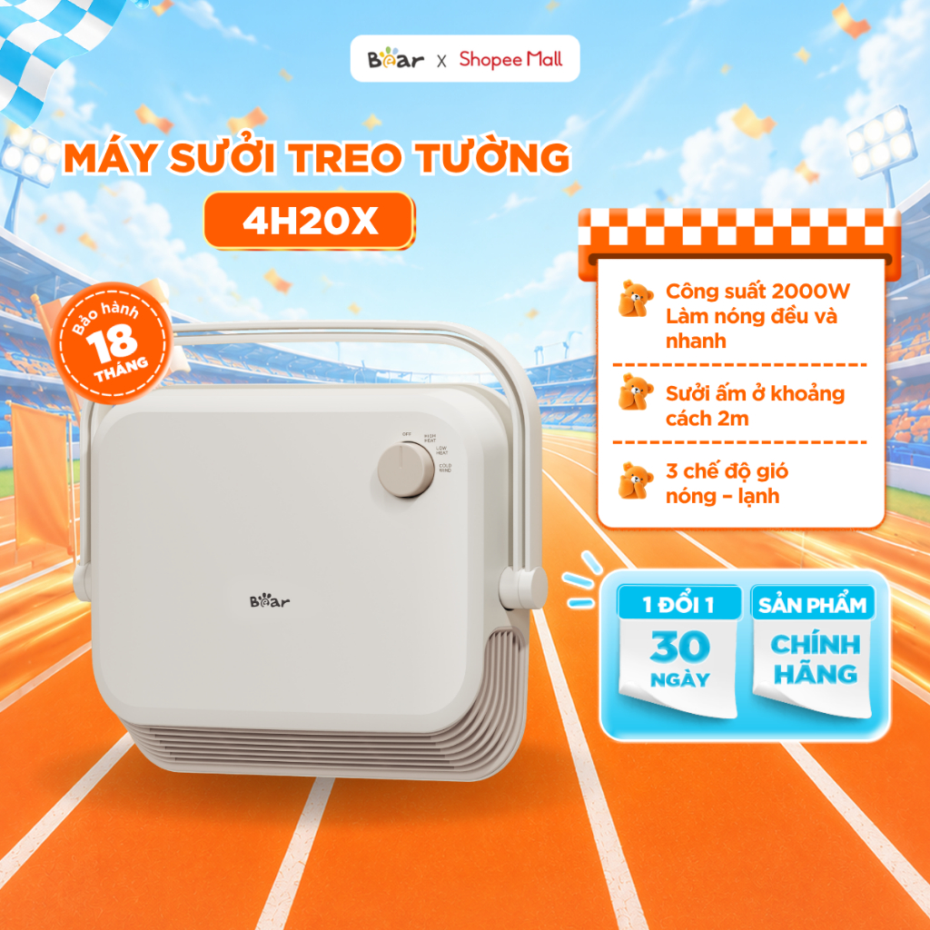 Máy Sưởi Gốm Treo Nhà Tắm Bear Đèn Sưởi, Quạt Sưởi Treo Tường Phòng Tắm Chống Nước Tiết Kiệm Điện SH-4H20X