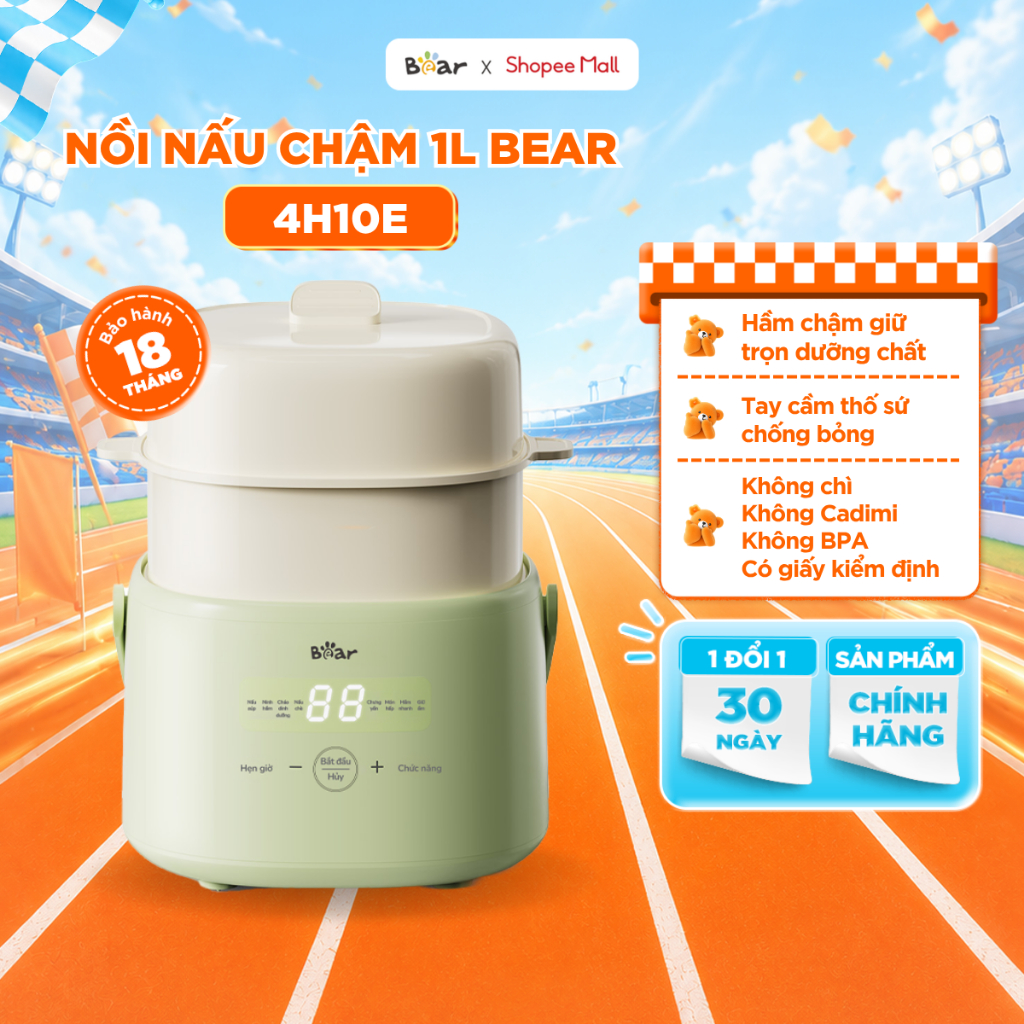 Nồi Nấu Cháo Chậm BEAR 1L Có Xửng Hấp 8 Chế Độ Nấu Hầm Nồi Chưng Yến Nồi Nấu Chậm Cho Bé Giữ Trọn Dinh Dưỡng SC-4H10E