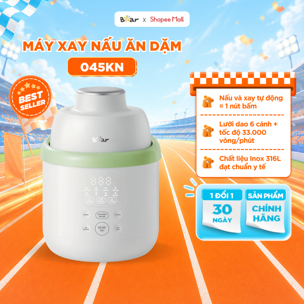 Máy Xay Nấu Thức Ăn BEAR 0.35L Máy Xay Ăn Dặm Cho Bé Máy Xay Thực Phẩm Tự Động Nấu Đa Năng An Toàn BFM-045KN