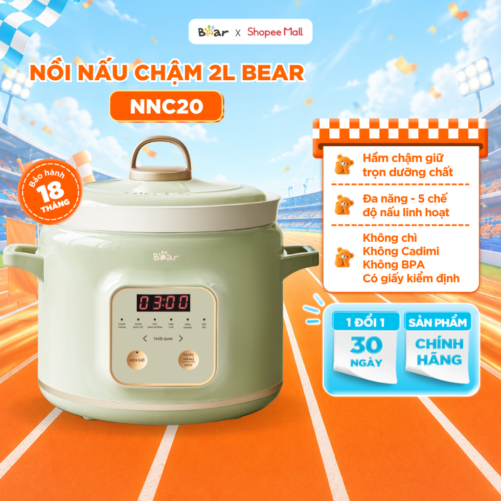 Nồi Nấu Chậm BEAR 2L, Nồi Hầm Chậm Đa Năng Kho Thịt Cá Nấu Cháo Nấu Chè Ninh Xương Giữ Trọn Chất Dinh Dưỡng SB-NNC20