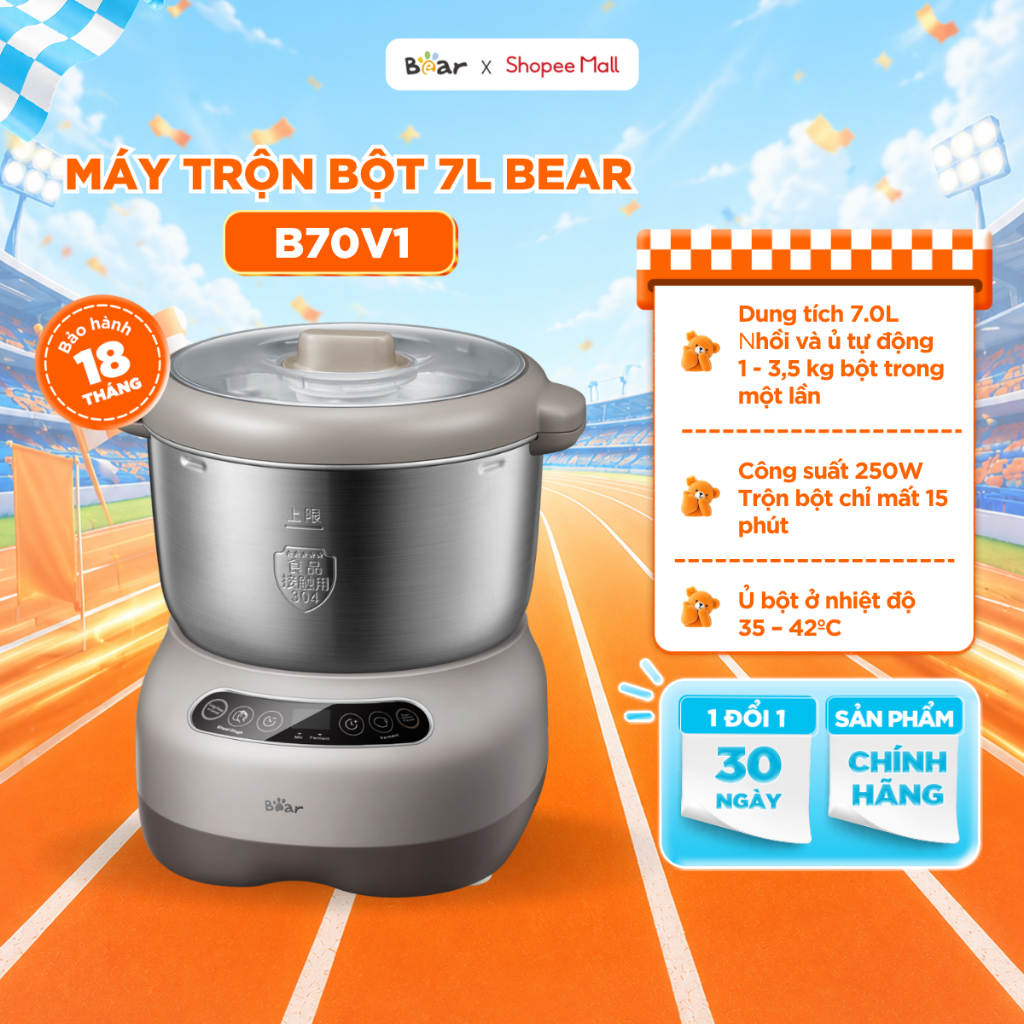 Máy Trộn Bột BEAR 7L, Máy Nhồi Bột Ủ Bột Làm Bánh Tự Động Công Suất Lớn Dụng Cụ Làm Bánh Đa Năng Dễ Vệ Sinh DM-B70V1