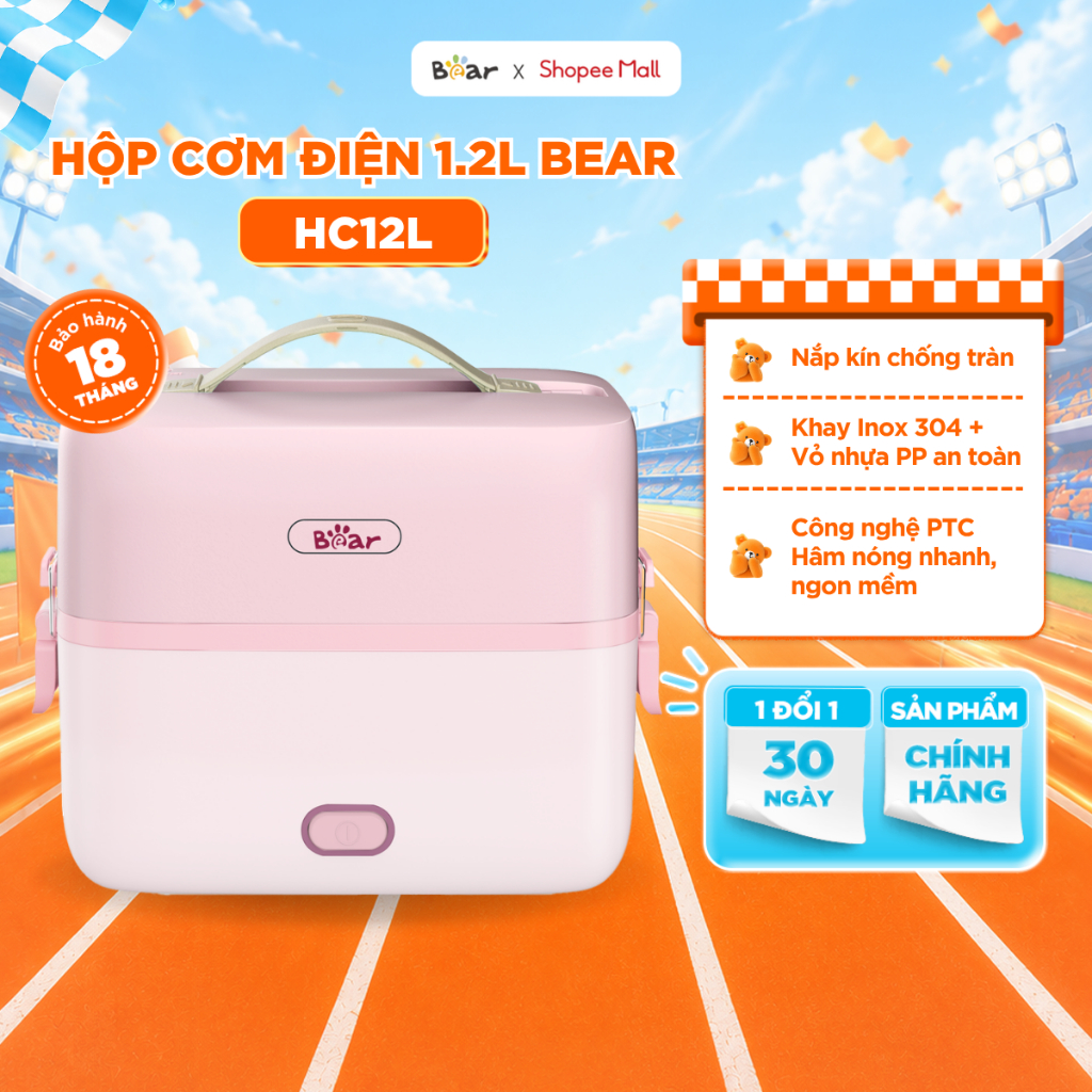 Bộ Hộp Cơm Cắm Điện Bear 2 Tầng 3 Ngăn 1.2L Hâm Nóng Cặp Lồng Cơm Giữ Nhiệt Hộp Cơm Văn Phòng Cắm Điện HC12L