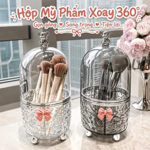 Hộp Đựng Mỹ Phẩm Xoay 360 Độ Có Nắp Chống Bụi, Hộp Đựng Cọ Trang Điểm Trong Suốt Vân Kim Cương
