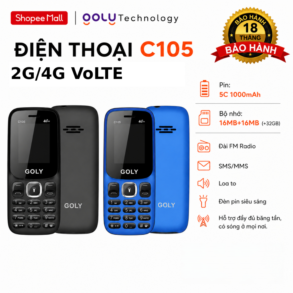 [GOLY] Điện Thoại GOLY Chính Hãng C105, Kết Nối 2G/4G, Sóng Mạnh, Dễ Sử Dụng, Bảo Hành 18 Tháng