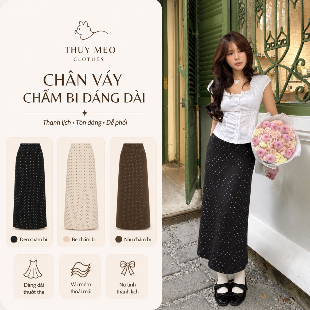 [SALE 9/9 GIẢM 35K] Chân Váy Chấm Bi Dáng Dài Cạp Cao Tôn Dáng Có Xẻ Sau Mặc Đi Chơi Đi Làm Đều Xinh ( CV - 99 )