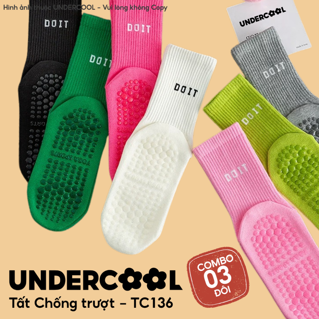 Combo 3 Đôi Tất Nữ Chống Trượt UNDERCOOL Cổ Cao Dày Dặn Co Giãn Tập Yoga Pilates Pickleball Chạy Bộ Thể Thao TC136 - CB3