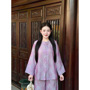 Set Bà Ba Suông Chất Liệu Vải Tencen Tơ Tằm Ánh Kim Chữ Thọ Phối Cúc Bọc Size S M L - DL001