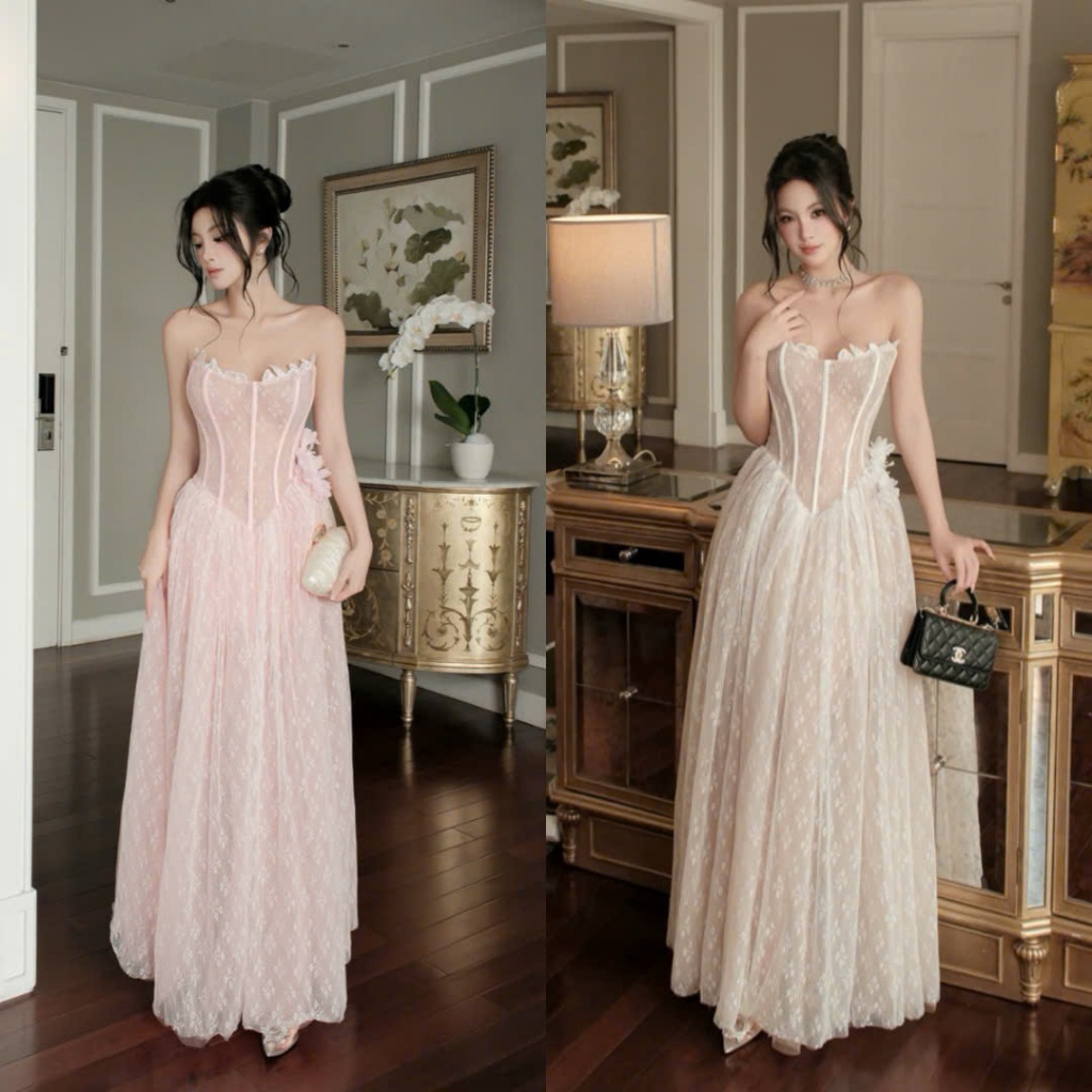 Đầm Ren Cup Corset Cài Hoa Eo Sang Trọng Dự Tiệc
