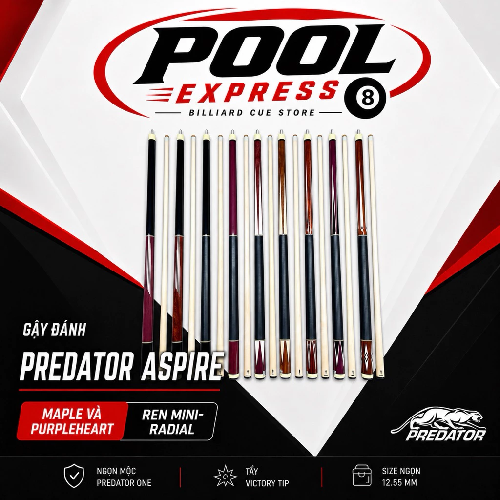 Gậy bi-a, Cơ Bida Predator Aspire (Đủ mã 1-10) Full phụ kiện
