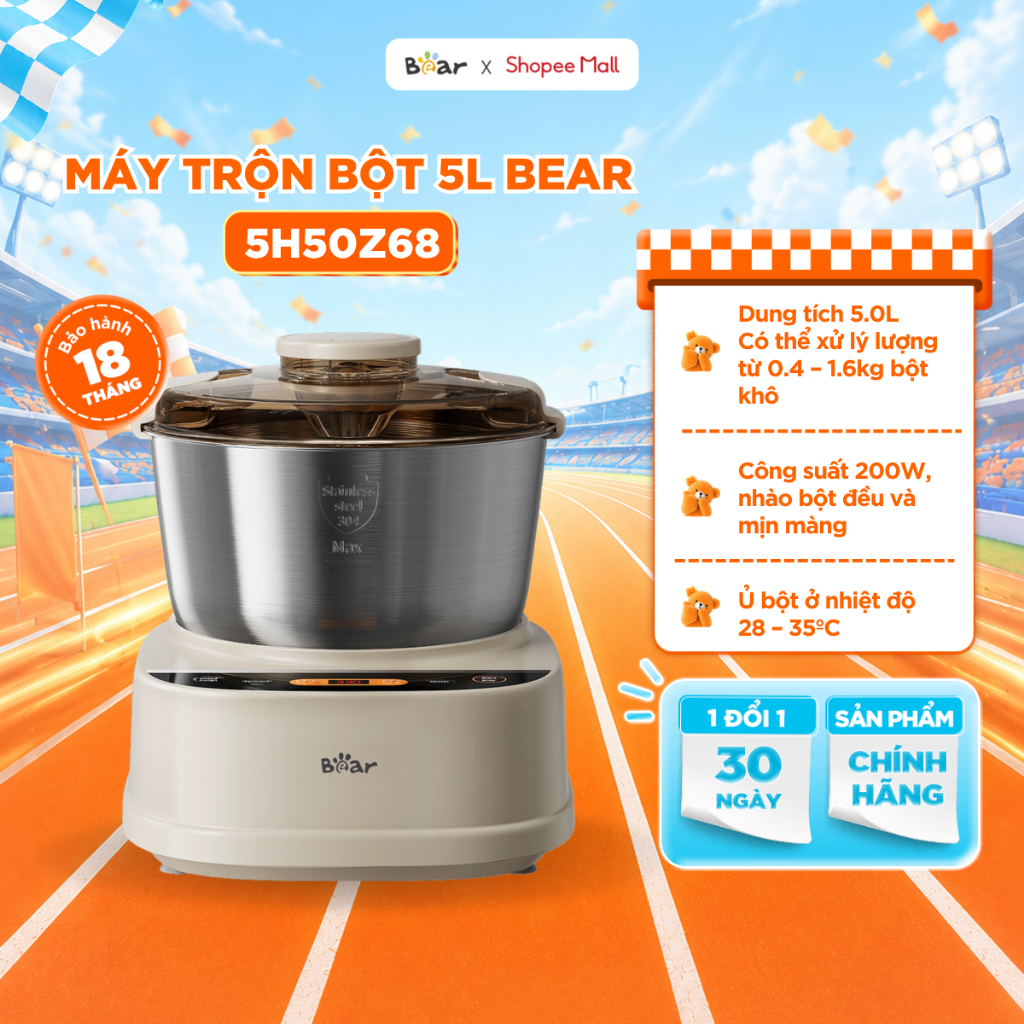 Máy Trộn Bột BEAR 5L, Máy Nhồi Bột Ủ Bột Tự Động Inox 304 Dụng Cụ Làm Bánh Làm Ruốc Đa Năng Dễ Vệ Sinh SM-5H50Z68