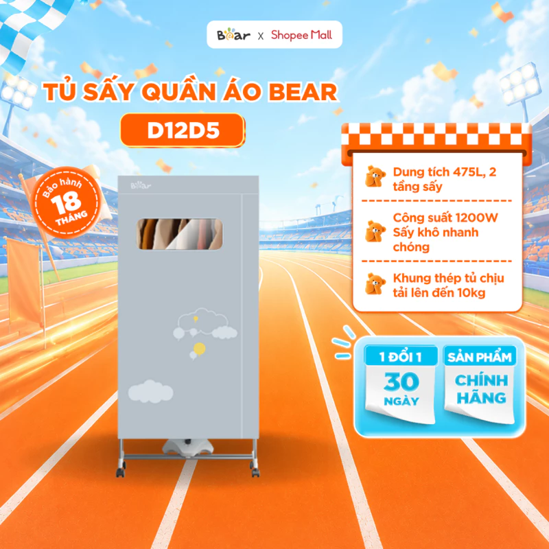 Tủ Sấy Quần Áo Bear Tủ Vải Máy Sấy Sưởi Gấp Gọn 2 Tầng 475L Sấy Khô Nhanh Công Suất 1200W Diệt Khuẩn Hẹn Giờ HGJ-D12D5 — ảnh 1