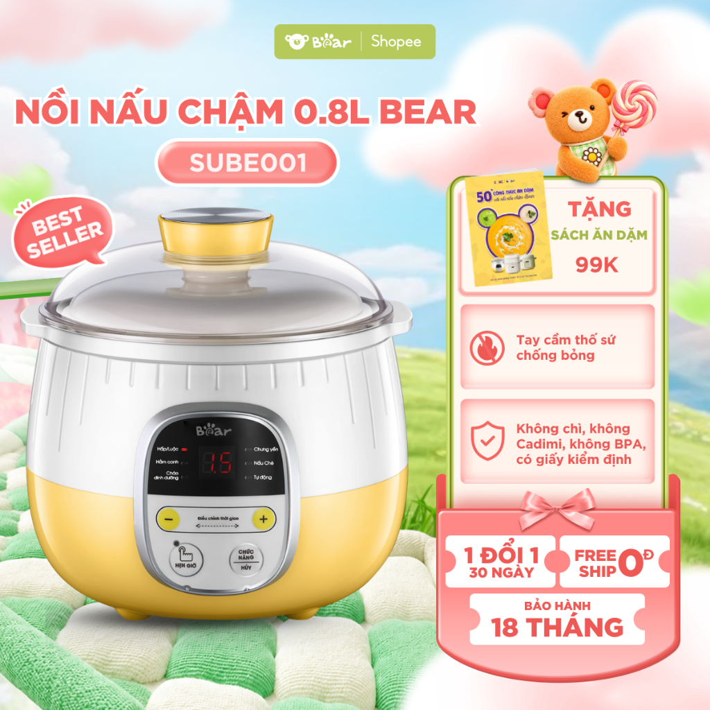 Nồi Nấu Chậm BEAR 0.8L Nồi Sứ Nấu Cháo Ăn Dặm Cho Bé Chưng Yến Hầm Canh SUBE001