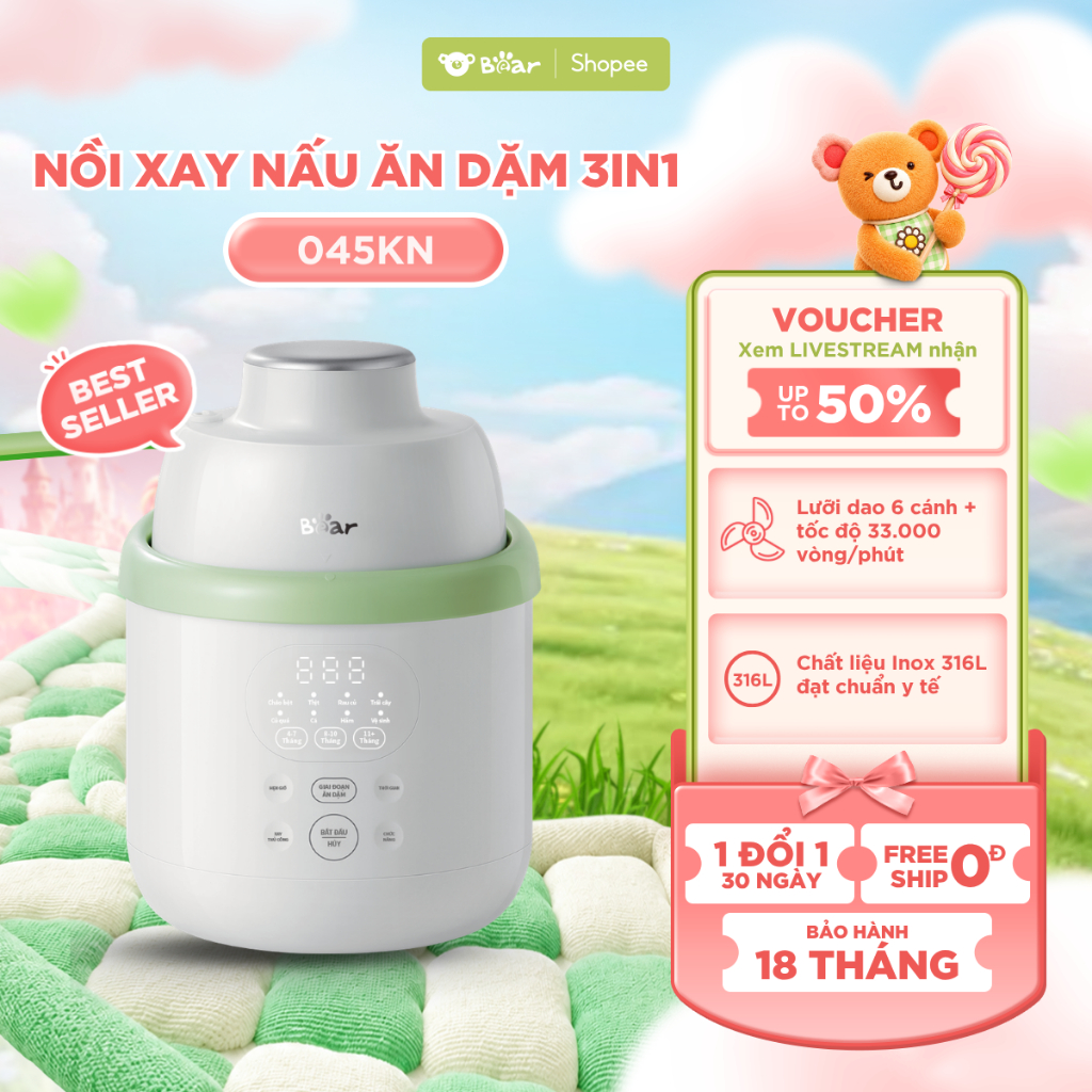 [MỚI] Máy Xay Nấu Ăn Dặm Cho Bé Bear BFM-045KN Máy Xay Ăn Dặm Tự Động Nấu Cối Inox 316 Cao Cấp Lưỡi Dao 3 Tầng 6 Lưỡi