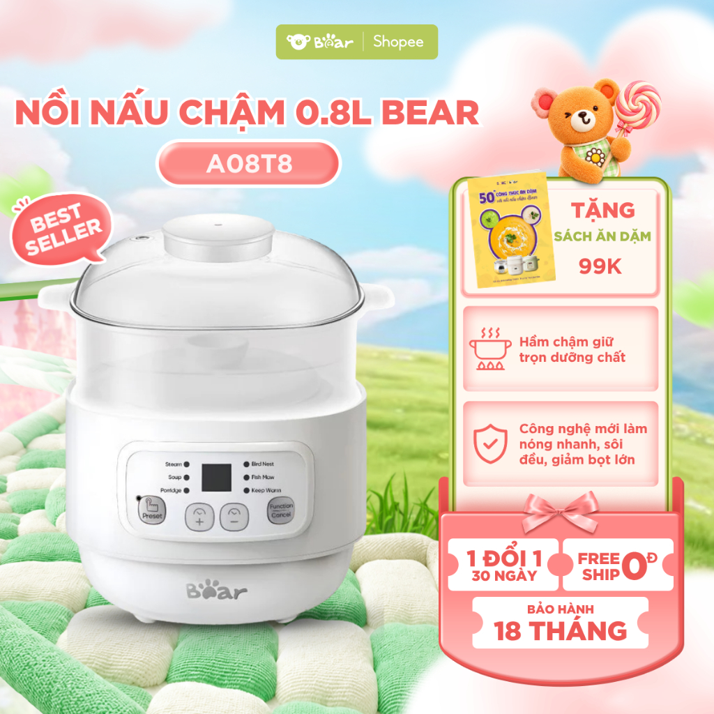 [Kèm Xửng Hấp] Nồi Nấu Cháo Chậm BEAR 0.8L Chưng Yến Nấu Cháo Ăn Dặm Cho Mẹ Bé Hầm Thức Ăn DDZ-A08T8
