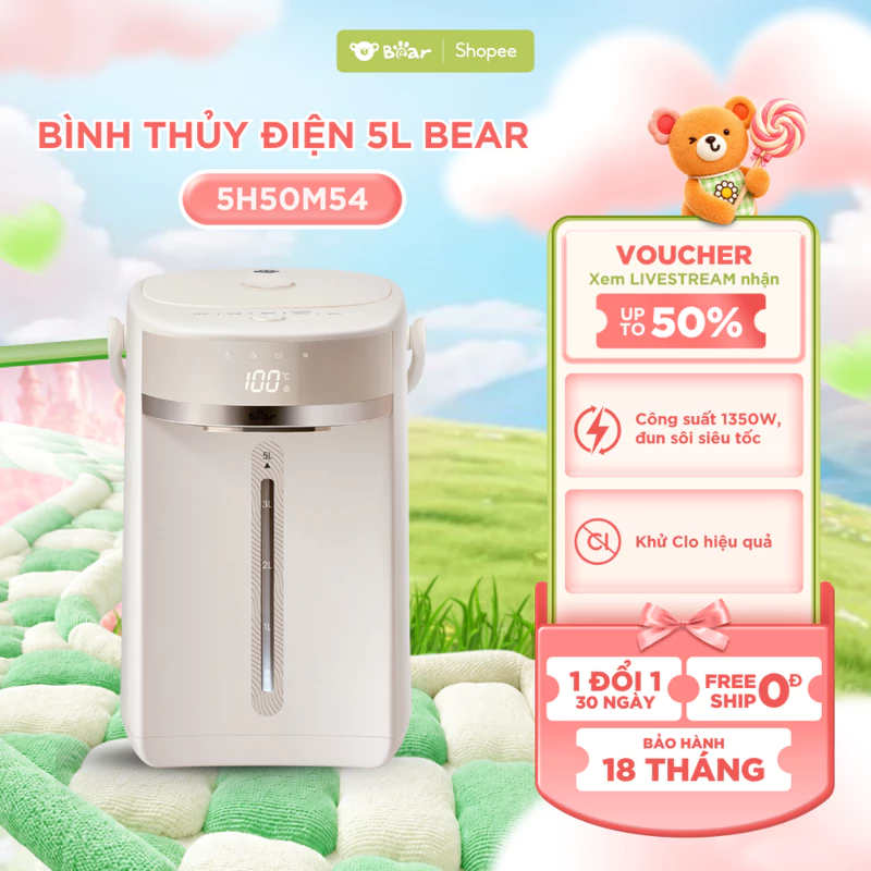 Bình Thủy Điện Bear EWB - 5H50M54 Dung Tích 5L Bình Đun Nước Nóng Đun Sôi Siêu Nhanh Khử Clo Giữ Nhiệt Có Đèn Dịu Nhẹ — ảnh 1