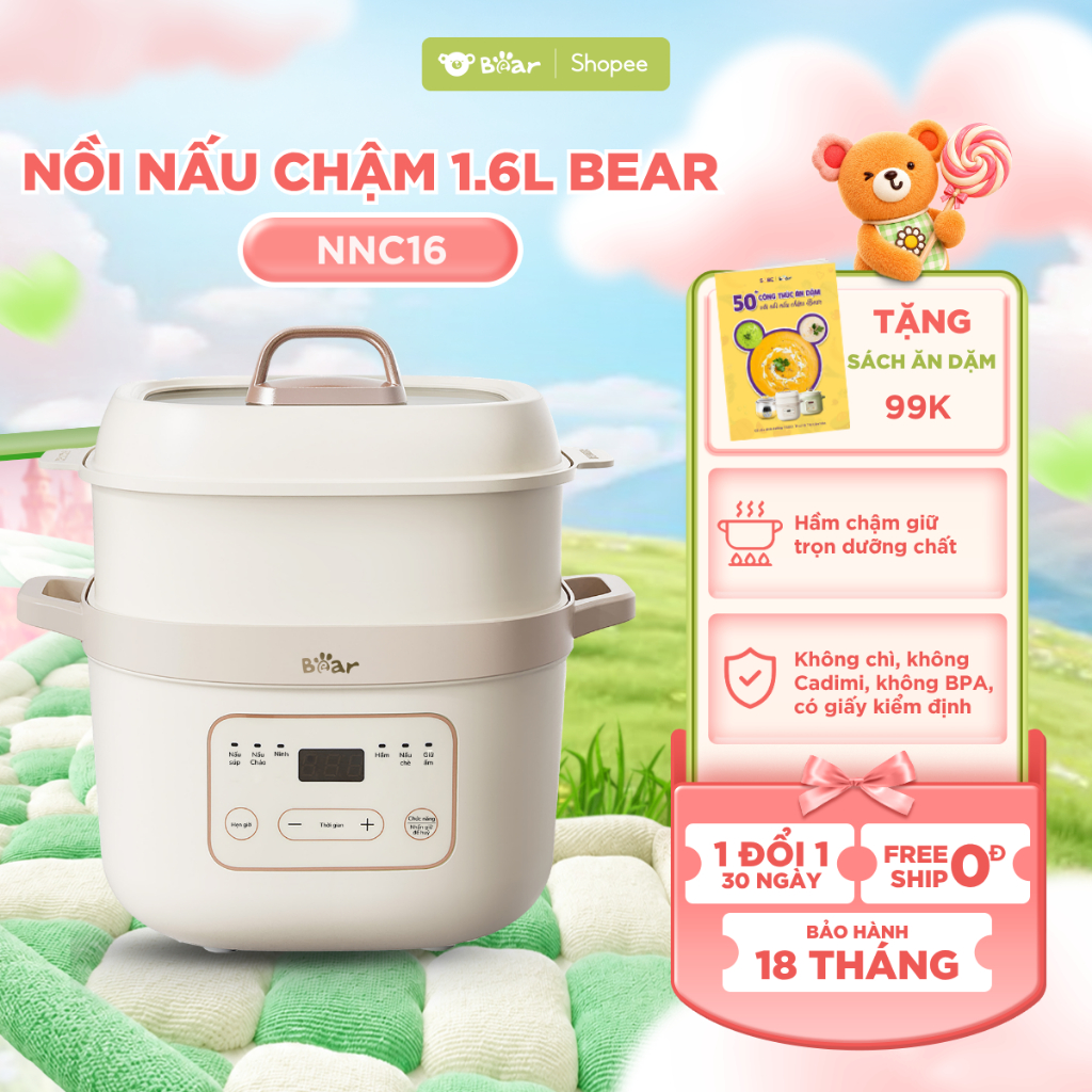 Nồi Nấu Chậm Bear SB - NNC16 Dung Tích 1.6L Nấu Cháo, Nấu Súp, Ninh, Hầm, Nấu Chè