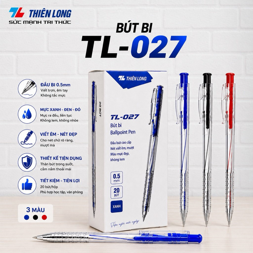Combo 20 Bút bi Thiên Long TL-027 ngòi 0,5mm - xanh/đen | Shopee Việt Nam