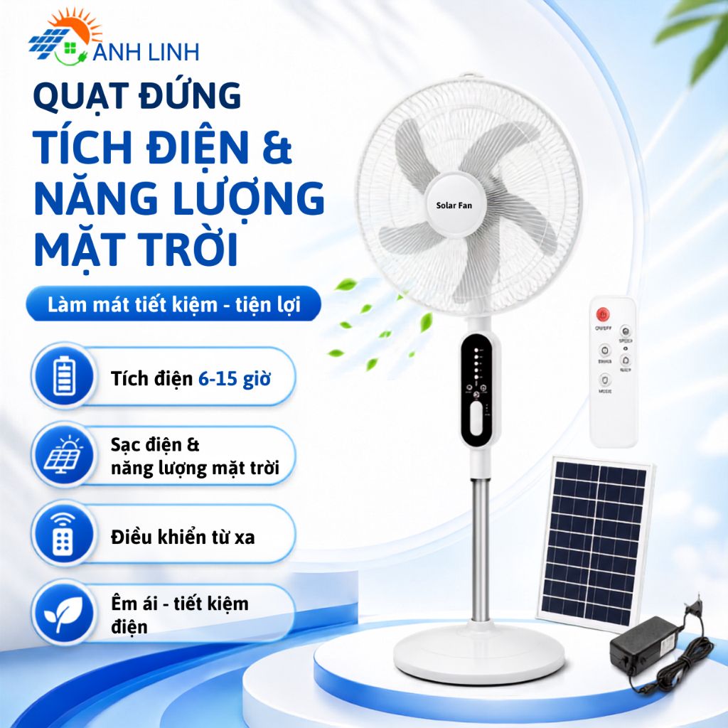 Quạt Năng Lượng Mặt Trời Anhlinh Quạt Tích Điện, Quạt Sạc Điện Thoại 220V Có Đèn LED, Remote Điều Khiển, Tiết Kiệm Điện