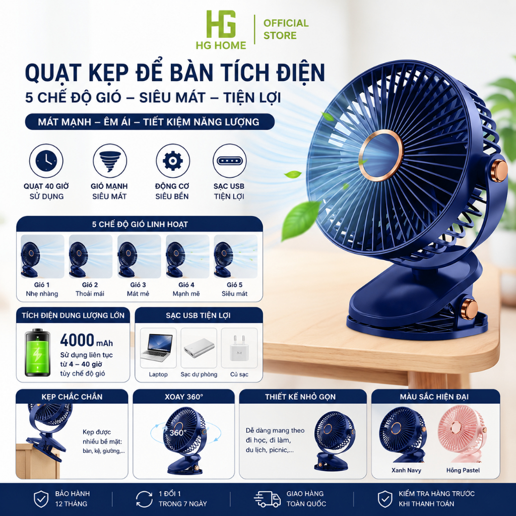 Quạt Kẹp Để Bàn Tích Điện 5 Chế Độ Gió Siêu Mát, Quạt Kẹp Bàn Tích Hợp Sạc USB Tiện Lợi HGHOME