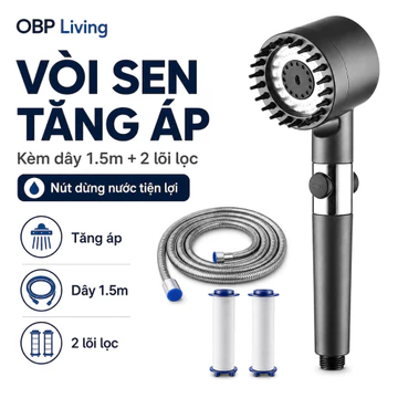 Vòi Hoa Sen Tắm Tăng Áp Kèm Dây Inox 1.5m 2 Lõi Lọc Nút Dừng Nước Vòi Sen Nhà Tắm Cao Cấp