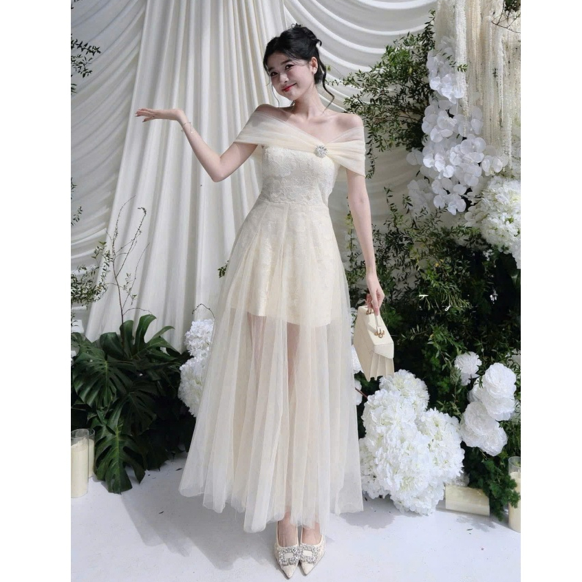 Đầm dự tiệc trễ vai ren hoa phối lưới xòe bồng NAVAS DRESS (kèm charm đá)