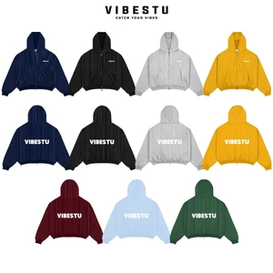 Áo Hoodie Sọc Dọc Nỉ 2 Da VIBESTU " Logo " Boxy Tay Dơi Unisex Nam Nữ