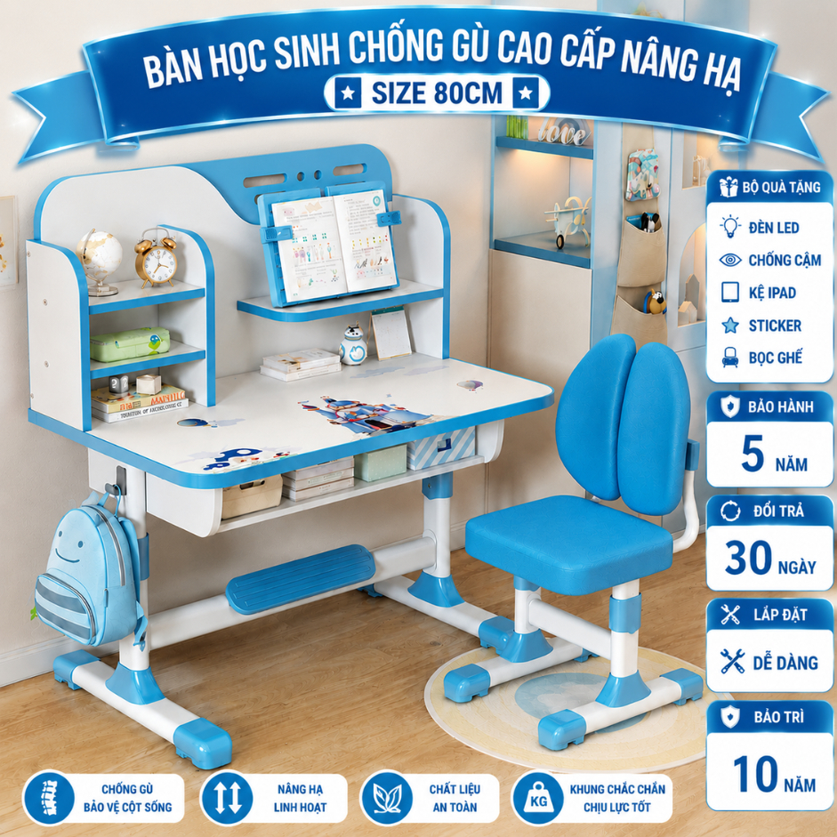 [ Size to 80cm kèm quà tặng] Bộ bàn học sinh chống gù chống cận thông minh cho trẻ em C05 có thể điều chỉnh độ cao