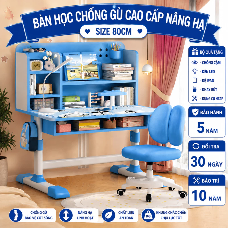 Bộ bàn học sinh SKYA C051 bàn học thông minh cho bé chống cận chống gù điều chỉnh được độ cao có giá sách ngăn đựng đồ — ảnh 1
