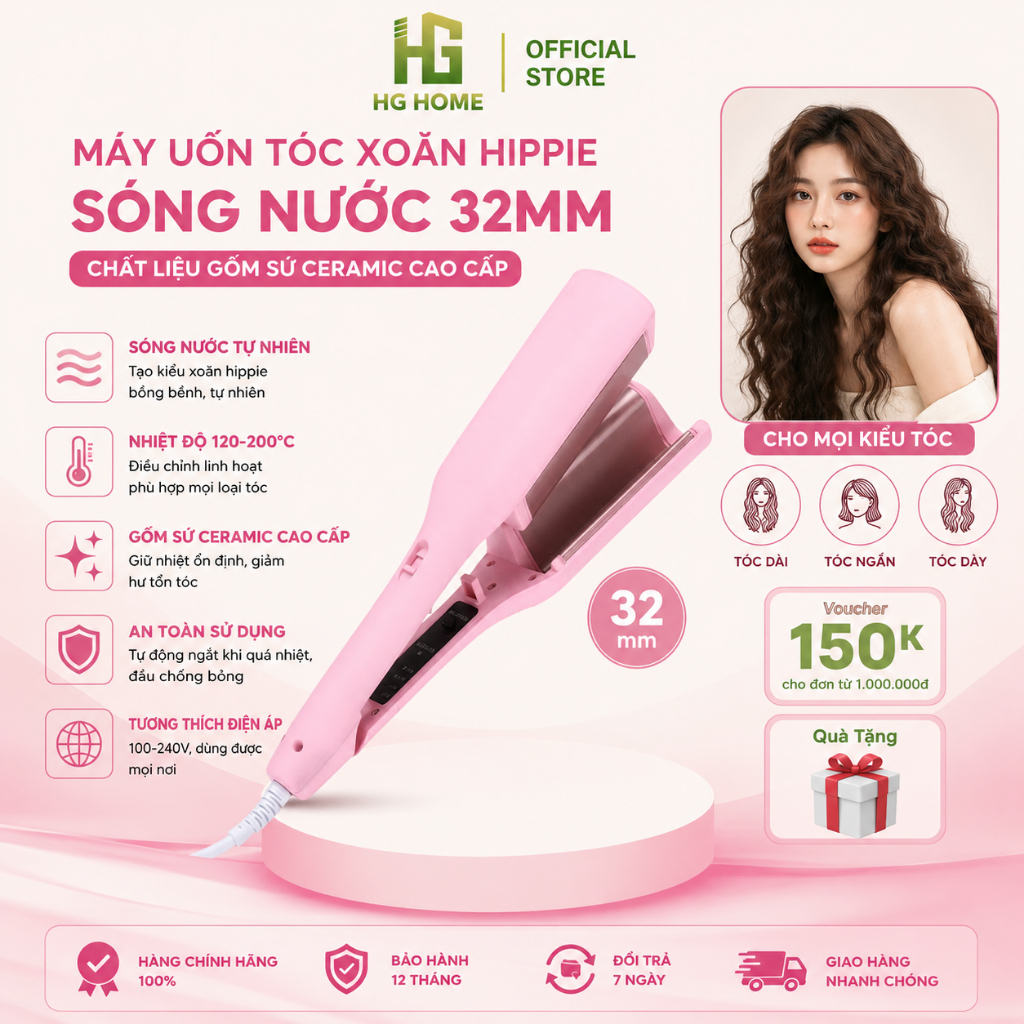 Máy Uốn Tóc Xoăn Hippie Sóng Nước 32mm HGHOME Chất Liệu Gốm Sứ Ceramic Cao Cấp [ HÀNG CHÍNH HÃNG ]