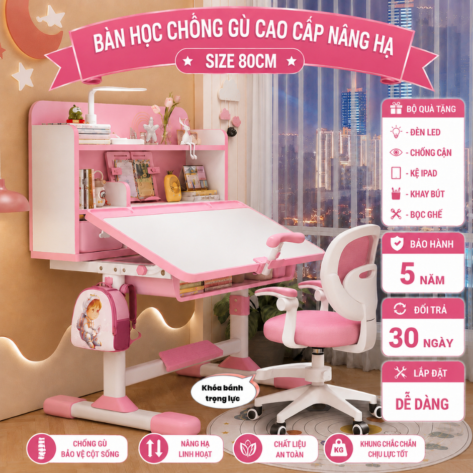 Bộ bàn học trẻ em E06 Chống gù chống cận Kệ sách thiết kế hình ngôi nhà Ghế xoay 360 có bánh xe
