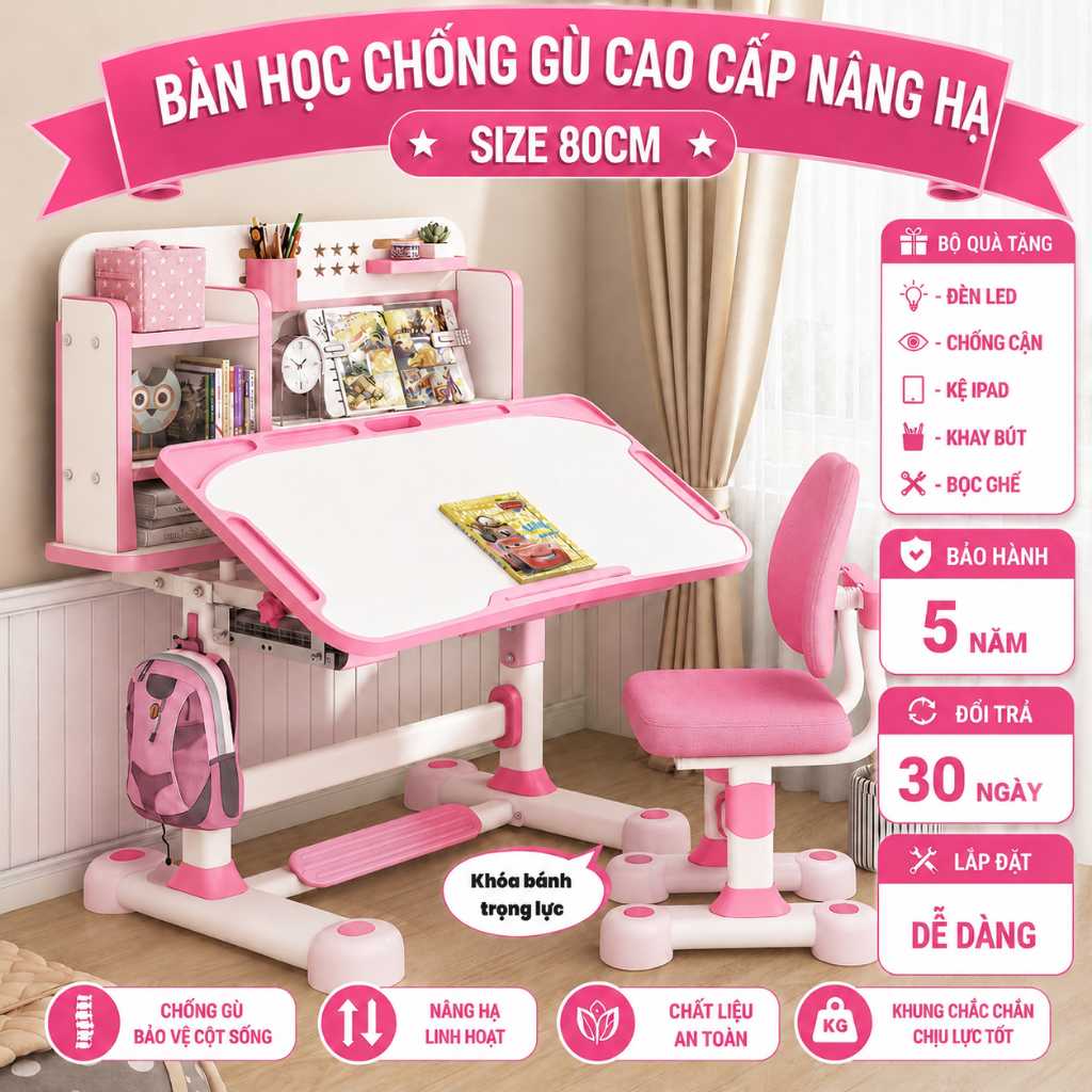 Bàn học sinh SKYA C12 bàn học thông minh cho bé chống cận chống gù thay đổi chiều cao tiện lợi kèm kệ sách và ngăn kéo