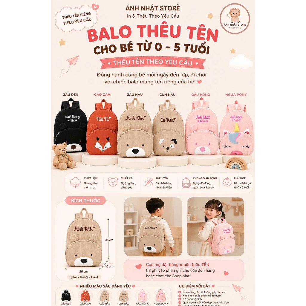Balo Thêu Tên, Balo Mầm Non dành cho bé từ 0 đến 5 tuổi, đựng đồ dùng, quần áo cho bé đi học, chất liệu nhung tăm