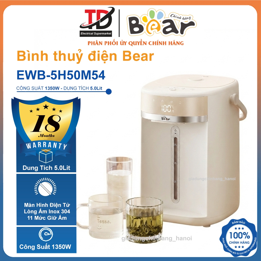 Bình Thủy Điện Bear EWB-5H50M54, 5Lit - 1250w, 11 Mức Nhiệt Đun Sôi Nhanh Giữ Nhiệt Có Đèn Báo, Bảo hành 18 Tháng