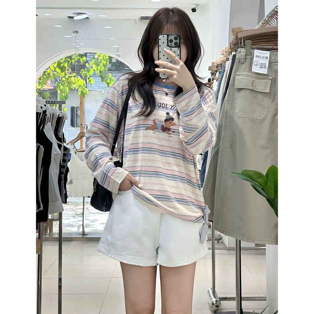 Áo thun Sugar dt cổ tròn sọc ngang thêu chú chó ENJOY