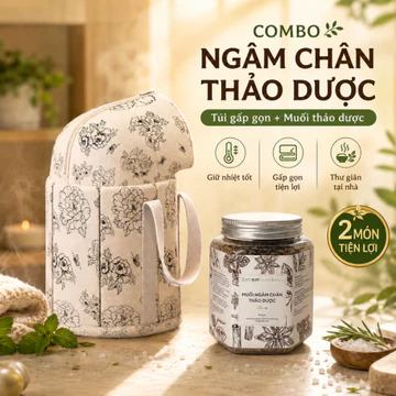Combo Túi ngâm chân gấp gọn và muối ngâm chân thảo dược cao cấp hỗ trợ ngủ ngon lưu thông khí huyết giảm đau mỏi
