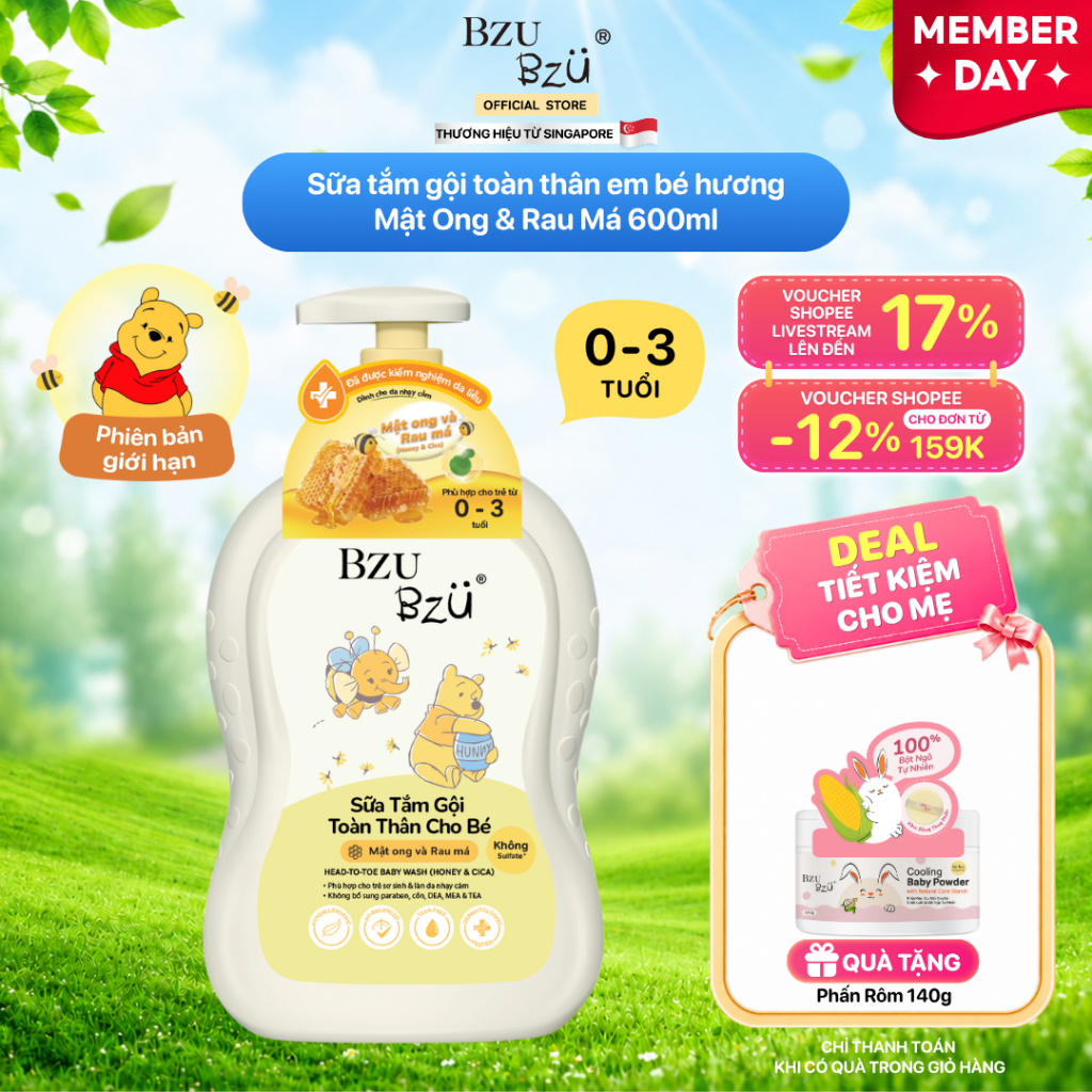 Sữa Tắm Gội Toàn Thân Em Bé Hương Mật Ong Và Rau Má BZU BZU Head to Toe Wash Dịu Nhẹ 600ml