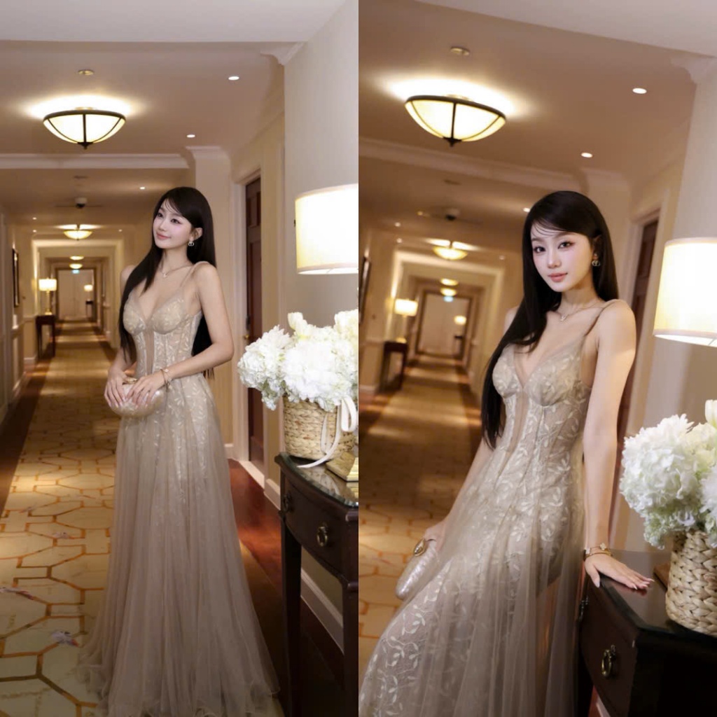 Đầm Ren Lá Hai Dây Cổ V Sâu Quyến Rũ Sang Chảnh