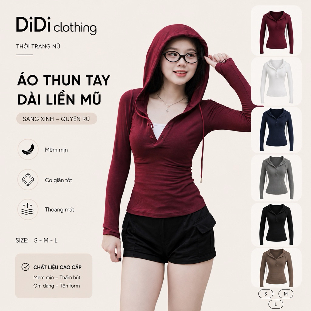 Áo thun nữ thu đông dài tay liền mũ cúc bấm ngực - Áo thun zip 4c dài tay co giãn mềm mịn -148